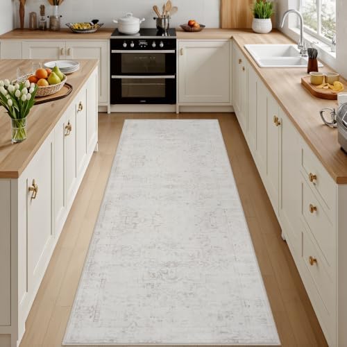 2'6''x14' Hallway Washable Runner Rug:Kitchen Carpet Neutral Cream by Luxturiy