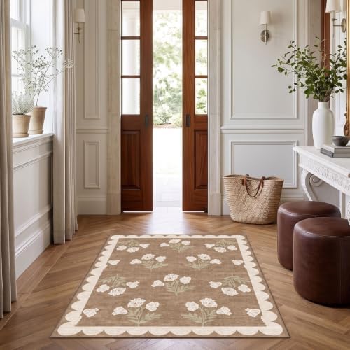 3x4 Floral Entry Rug - Small Washable Indoor Outdoor Mats for Front Door Non-Slip Porch Rug Tan Boho Neutral Farmhouse Throw Rugs for Living Room Bedroom Entryway Kitchen Office Porch Decor - Image 3