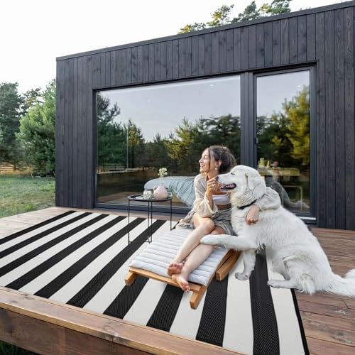 Outdoor Rug 6 x9 ft, Plastic Rug for Patio, Black & White by OutdoorFurnitureCushion