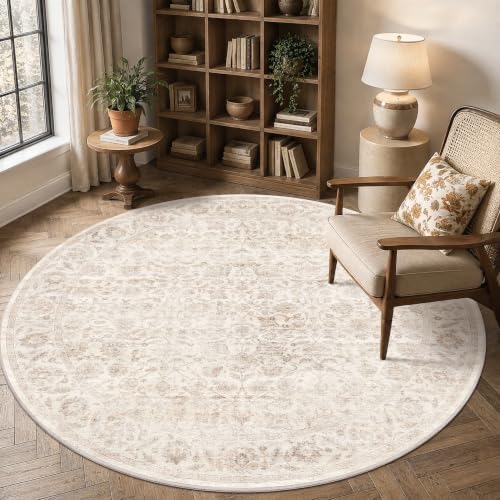 Washable 6ft Round Living Room Non-Slip Rug Retro Beige Throw Carpet - Image 3