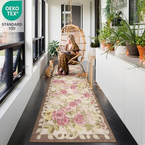Washable 2.6x8 Runner Rug, Cream Boho Floral Non-Slip for Hallway, Kitchen - Image 3