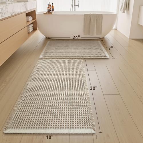 Upgraded Waffle Bath Mat Set of 2 Absorbent Bathroom Mat 17"x24" + 18"x30" - Image 2