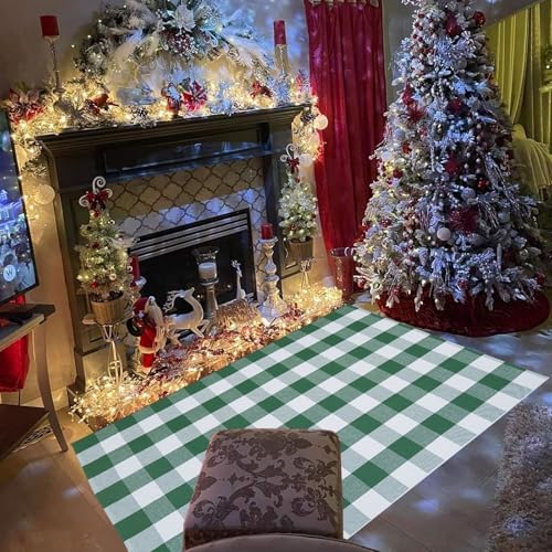 Green & White Christmas Plaid Rug, 4' x 6' Check Indoor/Outdoor Area Rug, Hello/Welcome Door Mat Layering Rug, Machine Washable Cotton Woven Rugs for Farmhouse Front Porch, Entryway - Image 7