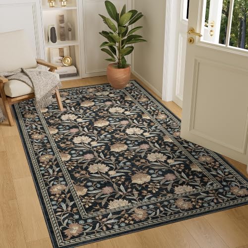 DUKINO 4x6 Area Rug, Washable Vintage Floral Rug for Living Room, Black by DUKINO