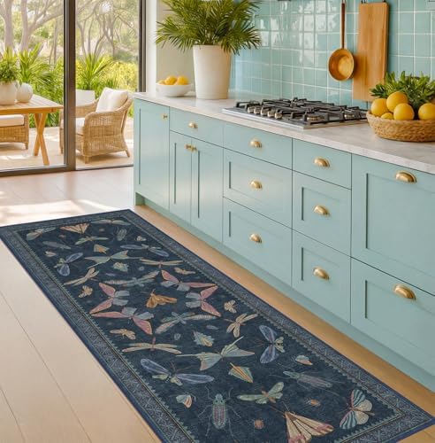 Vintage 2x6 Navy Blue Bathroom Rugs - Washable Insect Runners for Kitchen Floor, Hallway, Low Pile & Soft Non Slip Bedroom Carpet with Rubber Backing, Dark Retro Moth Decor - Image 3