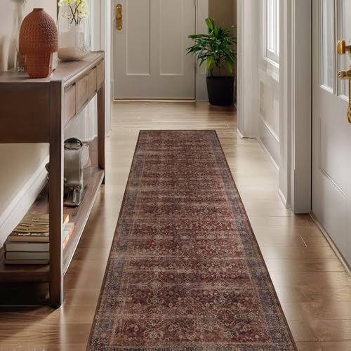 Brick Red 2x6 Rug Runners for Hallways Non Slip, Washable Non Slip Thin Carpet Runners for Kitchen Floor, Vintage Distressed Earth Tone Runner Rug for Entryway/Foyer/Bedroom/Laundry Room by Jainmy