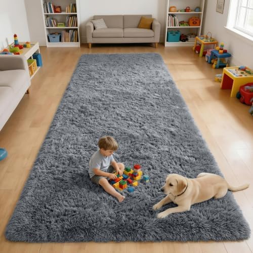 OLANLY 4x12 Area Rugs for Living Room Bedroom, Machine Washable Soft Fluffy Shaggy Bedside Rug, Indoor Floor Carpet for Kids Girls and Boys, Dorms, Nursery Rooms, Home Decor Aesthetic, Grey by OLANLY