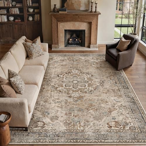 PureCozy Brown Area Rug 8x10 Living Room Vintage Floral Non-Slip Carpet by PureCozy