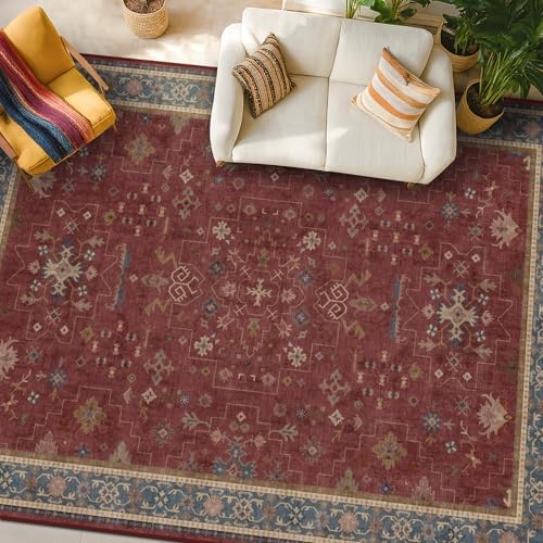 Hazo Haus Oriental 7x10 Large Area Rugs for Bedroom Under Bed - Burgundy Rug for Living Room, Dining Room Under Kitchen Table, Washable Soft Non Slip Boho Indoor Décor - Image 3