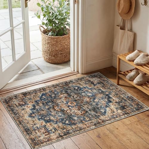 GarveeHome Washable Rug 2x3 Vintage Small Entryway Rugs Blue&Brown by GarveeHome