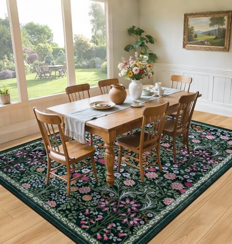 PLHXFR 8x10 Area Rug Living Room: Floral Washable Boho Carpet Dark Green - Image 4