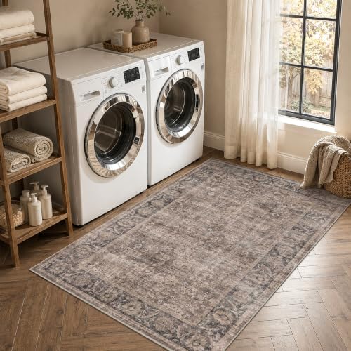 Washable 3x5 Entryway Non-Slip Area Rug Retro Taupe Navy Throw Carpet - Image 4