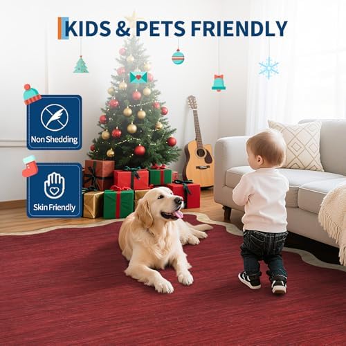 GarveeHome Living Room Rugs 4x6 Area Rugs Machine Washable Christmas Scalloped Rug Non Slip Low Pile Farmhouse Stain Resistant Carpet for Bedroom Nursery Classroom Dorm 4 ft x6 ft Red - Image 7