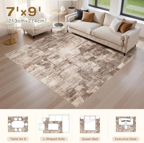 kakania Abstract 7x9 Area Rugs for Living Room: Washable Rugs Brown - Image 2
