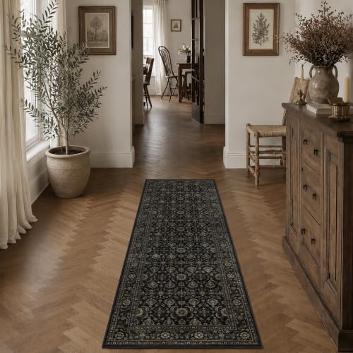 JOOJA 2x6 Black Gold Vintage Soft Low Pile Non Slip Washable Runner Rug - Image 3