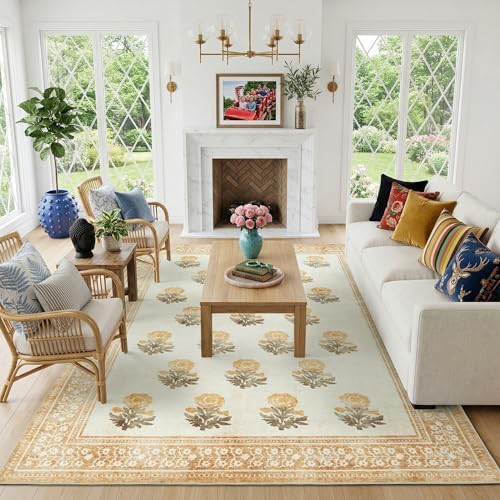 Washable Dining Room Rugs for Under Table - 6x9 Beige Brown Floral Area Rug for Living Room, Low Pile Non Slip Floor Carpet for Bedroom, Vintage Distressed Ultra Soft Stain Resistance - Image 2