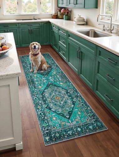 SERISSA 3x7 Washable Non Slip Boho Runner Rug for Hallway，Teal by SERISSAHomeDecorCollection
