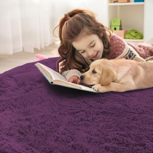 OLANLY Dark Purple Round Rugs for Bedroom - Machine Washable, 7 ft Circle Area Rugs for Living Room, Soft and Fluffy Shaggy Carpet for Teen Girl and Boys, Nursery Rooms, Dorms, Home Decor Aesthetic - Image 5