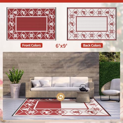 GENIMO Outdoor Rug, Waterproof Plastic Rugs for Patio, 6'x9' Lvory Red - Image 6