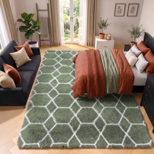 Area Rugs for Bedroom Living Room, 4x6 Fluffy Olive Green and White Rug - Image 6