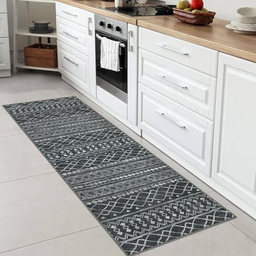 KUTA 2x6 Washable Runner Rug Dark Grey Beige Moroccan Boho Rug Runner - Image 3