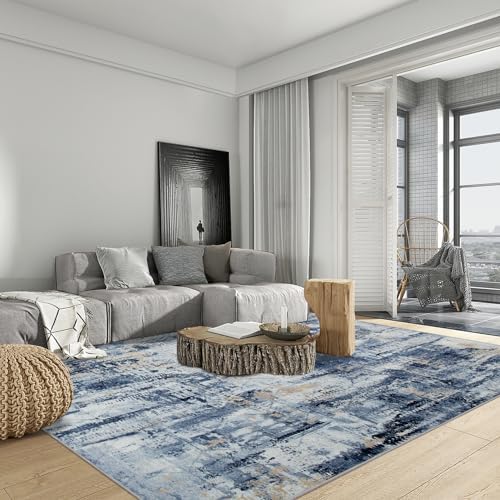 10x14 Area Rugs for Living Room: Washable Abstract Blue Gold Bedroom Carpet - Image 3