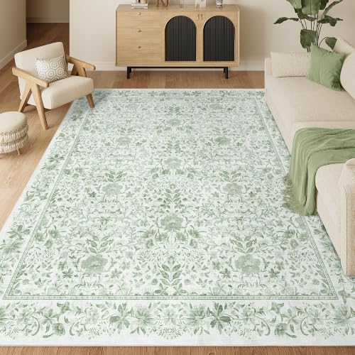DUKINO 8x10 Area Rug Vintage Floral Washable Rug for Living Room Sage Green by DUKINO