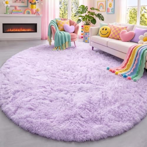 PAGISOFE Round Rugs 5Ft, Purple Area Rug, Circle Rug for Kids Bedroom, Fluffy Shaggy Carpets, Indoor Small Teepee Furry Mat, Comfy Reading Carpets, Circular Rugs for Girls Baby Room Decor Aesthetic by PAGISOFE