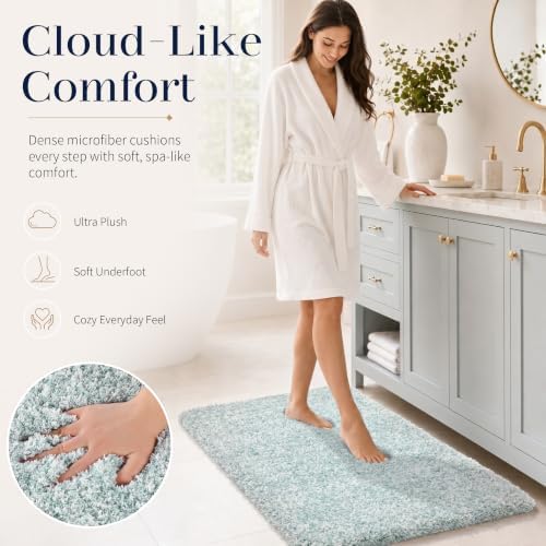 Yimobra Bathroom Rugs Non Slip Washable 32X20, Bath Mat, Light Blue&White - Image 2
