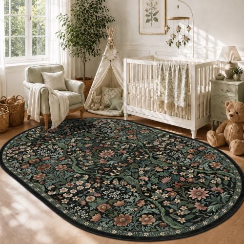 6x9 Oval Washable Rug Black Floral Indoor Non Slip Boho Carpet - Image 3