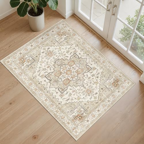 2x3 Entryway Rug Washable Area Rug, Small Vintage Door Mat Gold - Image 7