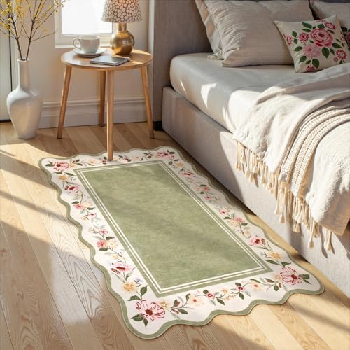 Lahome Floral 2x3 Rug, Green Kitchen Rugs Washable Scalloped Bathroom Rug - Image 5