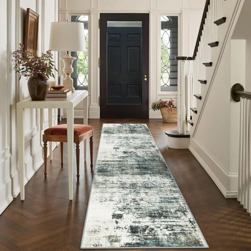 2'6''x8' Runner Rugs Washable Rug:Modern Abstract Hallway Teal Green Carpet - Image 4