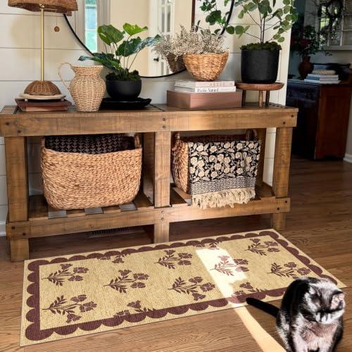 Front Door Mat Indoor Entrance - 2x4.3 Ft Burgundy Floral Washable Layered Doormat Outdoor Entrance Porch Rug Non-Slip Neutral Country Jute-Look Runner Rug for Mudroom Laundry Room Porch Decor - Image 4