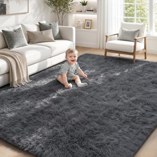 TENGTENGLINK 5x8 Fluffy Shag Area Rug Living Room Bedroom Washable Grey by TENGTENGLINK