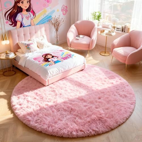 PAGISOFE Ultra Soft Pink Round Rug for Girls Bedroom 8Ft,Shaggy Circle Rugs for Girls Room, Large Fluffy Carpet for Classroom, Shag Circular Rug for Boys Nursery Teen Dorm,Cute Baby Room Decor by PAGISOFE