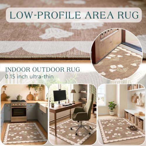 3x4 Floral Entry Rug - Small Washable Indoor Outdoor Mats for Front Door Non-Slip Porch Rug Tan Boho Neutral Farmhouse Throw Rugs for Living Room Bedroom Entryway Kitchen Office Porch Decor - Image 4