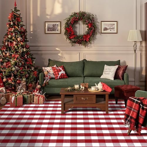 Christmas Red and White Plaid Rug 8x10 ft, Extra Large Cotton Hand-Woven Buffalo Check Area Rug for Living Room, Bedroom, Patio, Christmas Holiday Farmhouse Decor, Washable Outdoor Indoor Carpet - Image 3