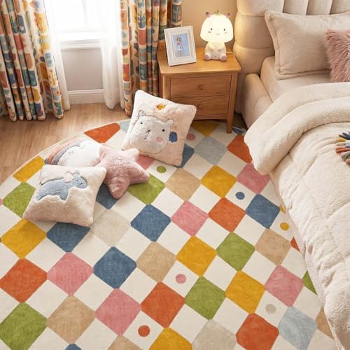 jinchan 8ft Kids Round Rug Washable Classroom Rug Colorful Checkered Mat - Image 3