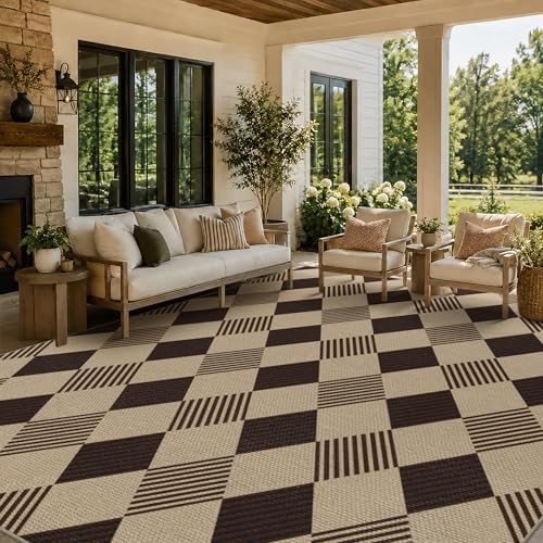 JTJ Easy Jute 8x10 Outdoor Rug, Black & Beige Diamond Pattern, Washable by JTJ