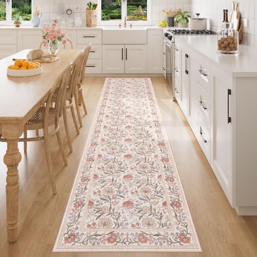 DUKINO 2.6x8 Runner Rug, Washable Vintage Floral Kitchen Runners Beige Pink - Image 5