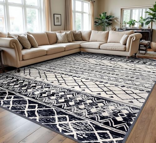 KUTA Boho Geometric Washable Area Rugs 9x12 Living Room Black Navy Blue by KUTA