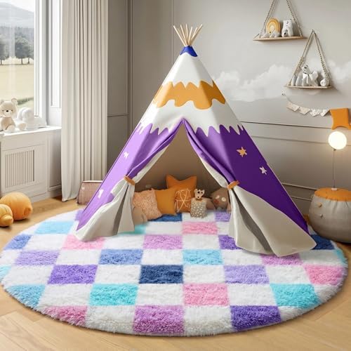 KICMOR Purple Rainbow Round Rugs 5ft for Bedroom Living Room, Cute Fluffy Soft Circle Area Rug Fuzzy Shag Shaggy Carpet, Circular Checkered Rug for Teen Kids Girls Boys Nursery Home Decor Aesthetic - Image 3