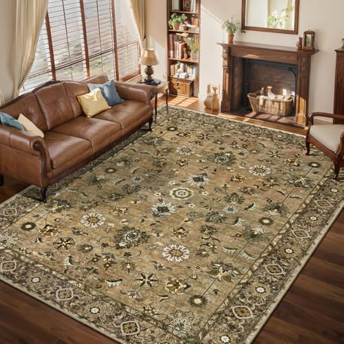 Brown 5x7 Washable Area Rugs for Living Room, Vintage Indoor Non Slip Rug by Tangsoo