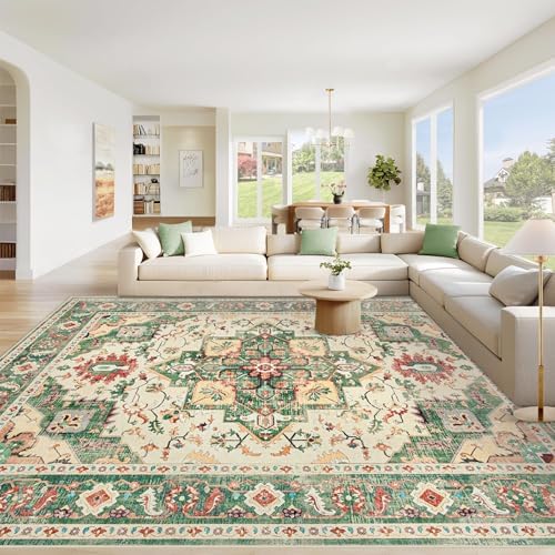 Area Rug 8x10 Washable Rug, Vintage Boho Medallion Rugs Non-Slip Soft Low Pile Large Distressed Rug Indoor Retro Carpet for Living Room Bedroom Dining Room Home Office (Green Beige, 8'x10') by VECARF