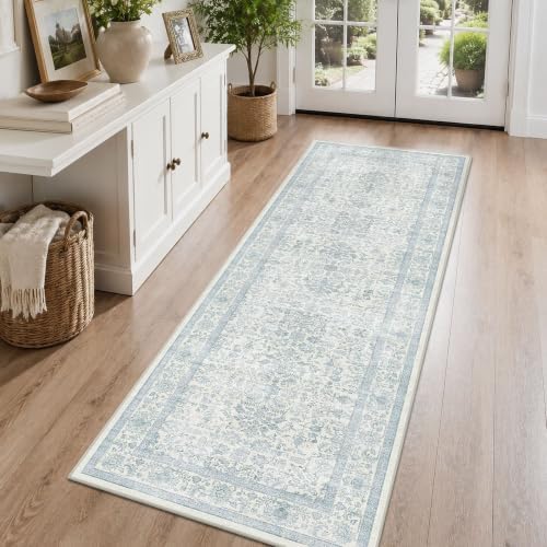 3x7 Washable Kitchen Runner Rug Non-Slip Vintage Blue Throw Carpet - Image 3