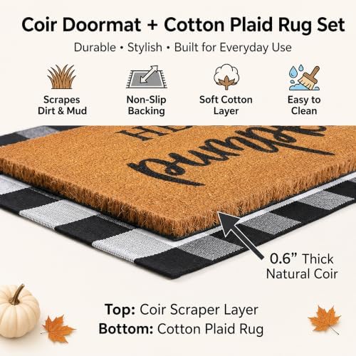 Fall Decor Door Mat Combo Set, 100% Coco Coir Welcome Mat + 28 x 43 Inches Black and White Plaid Rug - Fall Thanksgiving Front Porch Entryway Floor Doormat, Indoor Outdoors Autumn Mats Hello Pumpkin - Image 4