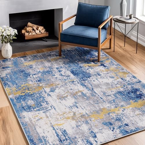 RELEANY Washable 4'x5' Abstract Area Rug for Living Room Blue Gold by RELEANY