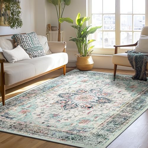 BESTSWEETIE Washable Boho 5x7 Area Rug for Living Room, Multi Navy Teal by BESTSWEETIE