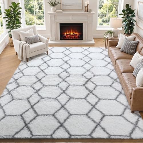7x9 Area Rugs for Living Room Bedroom, Fluffy White and Grey Geometric Rug by ONASAR